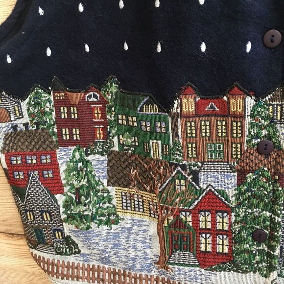 VINTAGE LIFESTYLE WOOL VEST WITH TAPESTRY WINTER SCENE IN NAVY BLUE - Picture 6 of 7